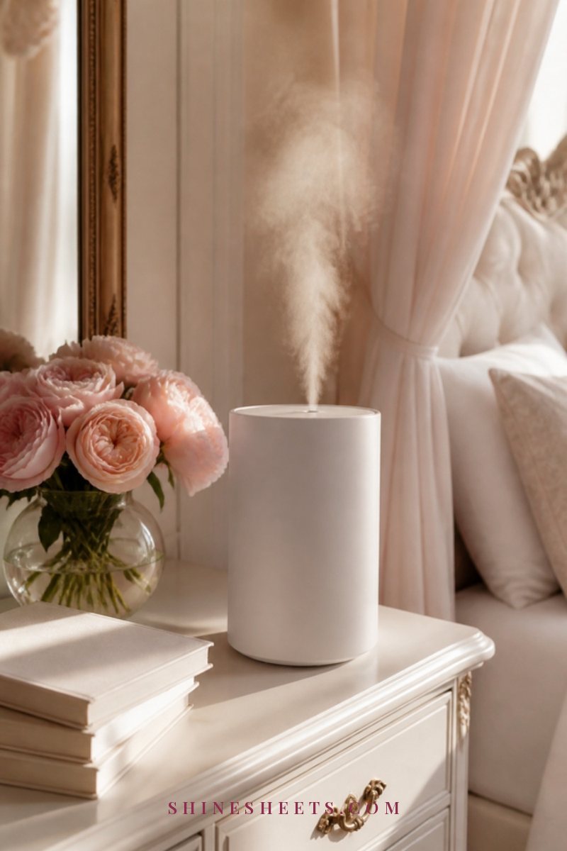 White cool mist humidifier releasing a soft mist on a cream dresser next to a vase of blush roses