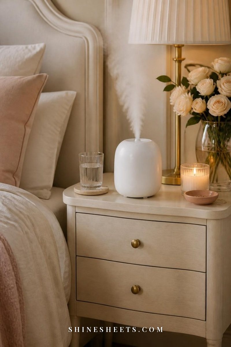 White humidifier on a small cream tray on a wooden side table a few feet from a bed with blush bedding
