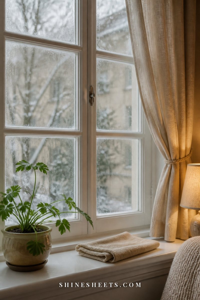 Window with light condensation beside cream linen curtains and a white windowsill in soft winter light