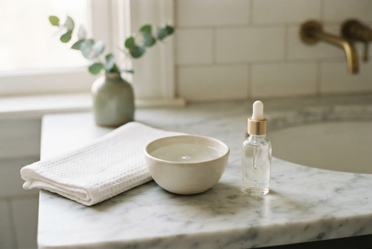 Clear glass dropper bottle, a folded white waffle towel and a small ceramic bowl of water on a marble bathroom counter in soft morning light