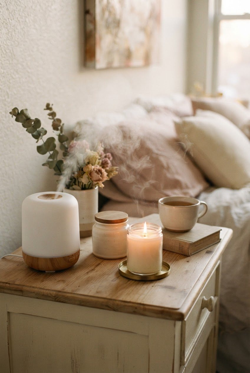 Small white humidifier releasing soft mist beside an unlabeled cream jar and a glass candle on a cream nightstand in warm evening light