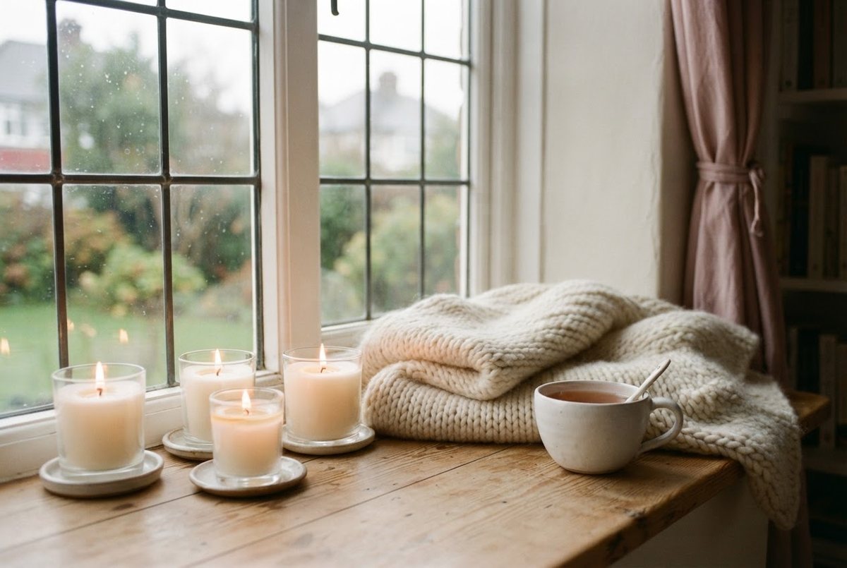 Lit glass candles, a cream knit throw and a ceramic teacup on a wooden windowsill in soft gray daylight