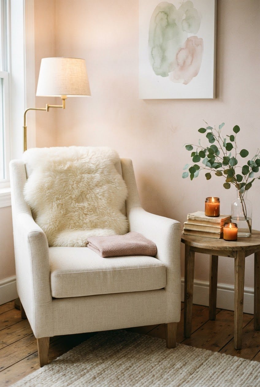 Small reading corner with a cream armchair, faux sheepskin, a stack of books and lit glass candles on a side table