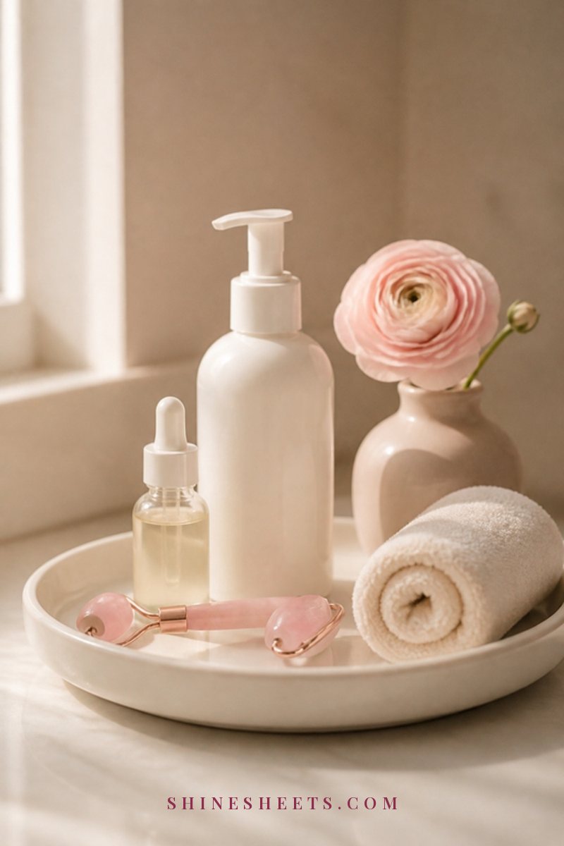 Cleanser bottle, a cream face towel and a pink ice roller arranged on a white bathroom vanity tray in morning light