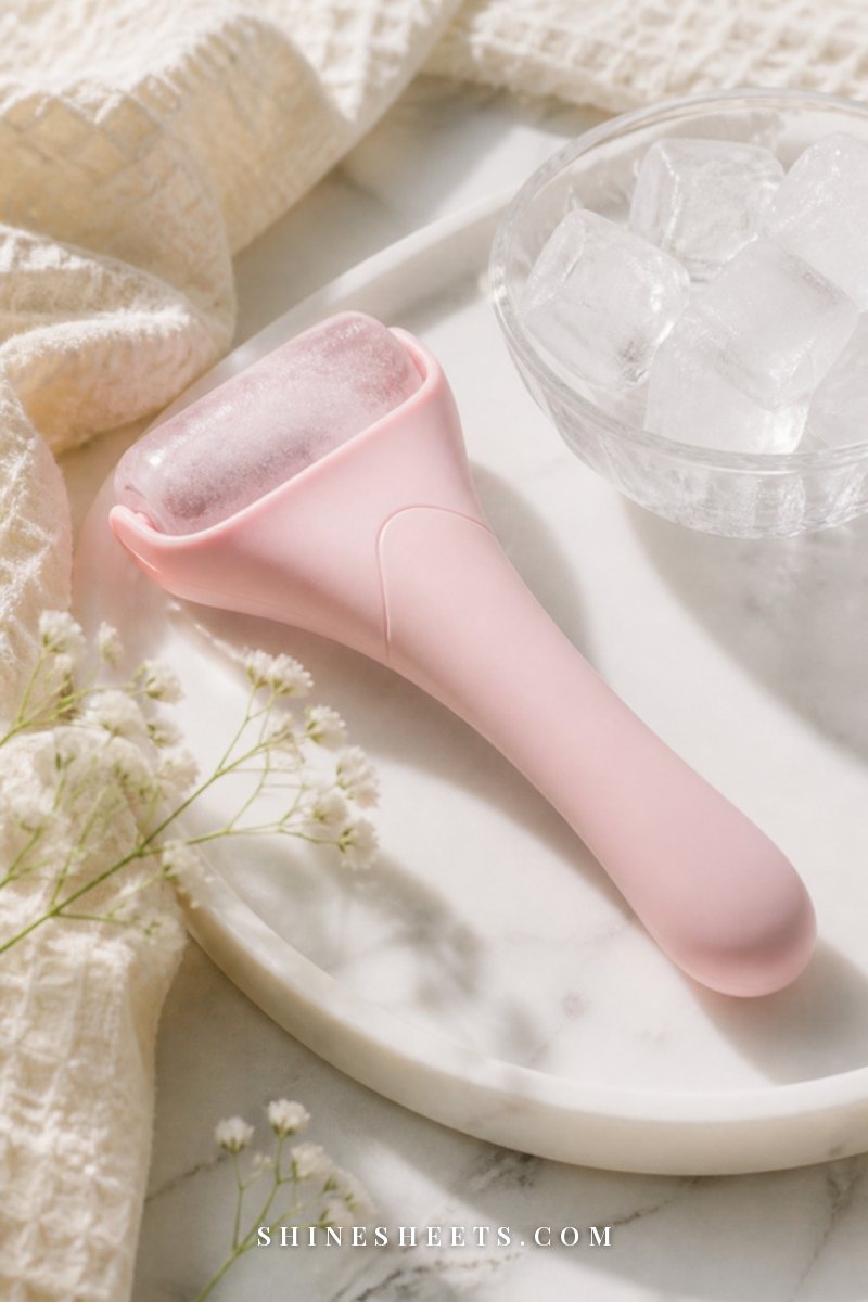 Pastel pink ice roller resting on a white marble tray beside a small glass bowl of ice cubes and a folded cream towel