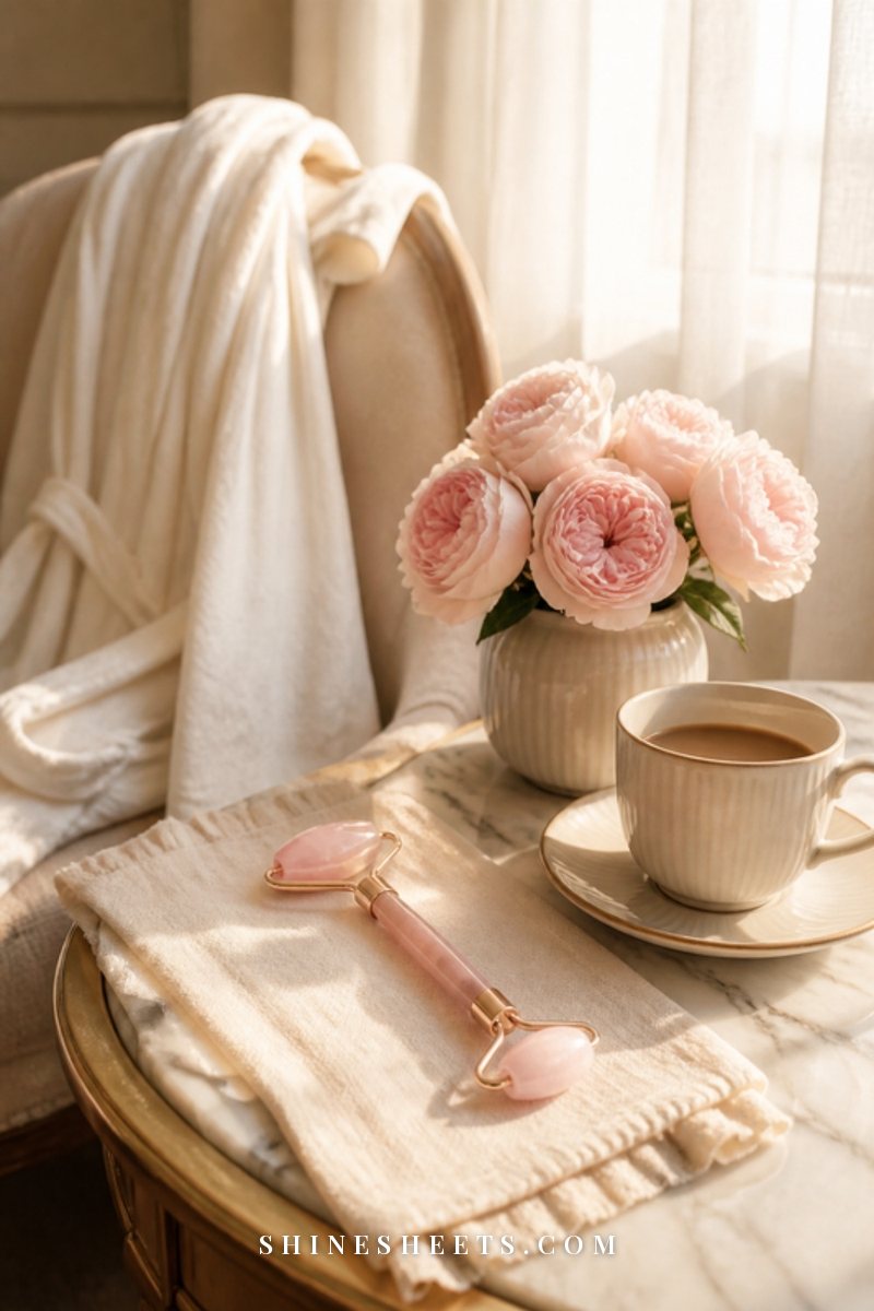 Pink ice roller next to a cup of morning coffee and a small vase of blush flowers on a cream vanity tray