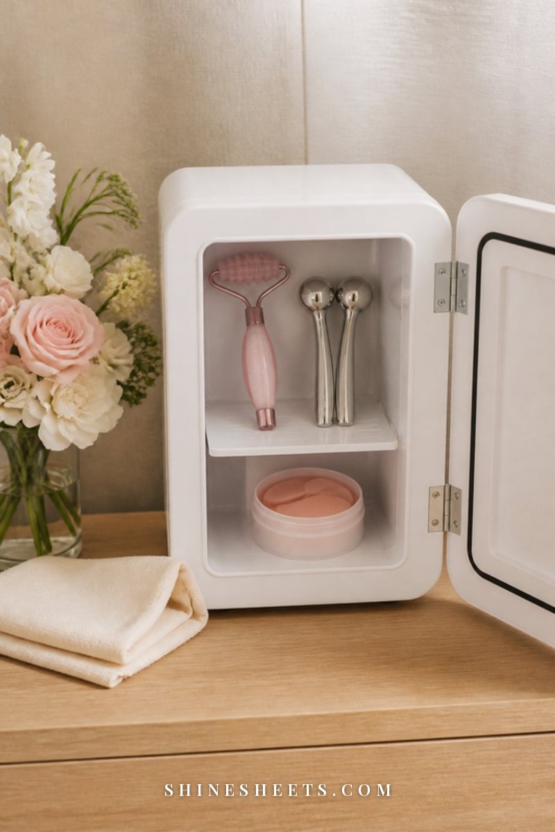Small white skincare fridge with its door open showing a pink ice roller, cryo globes and eye patches on the shelf