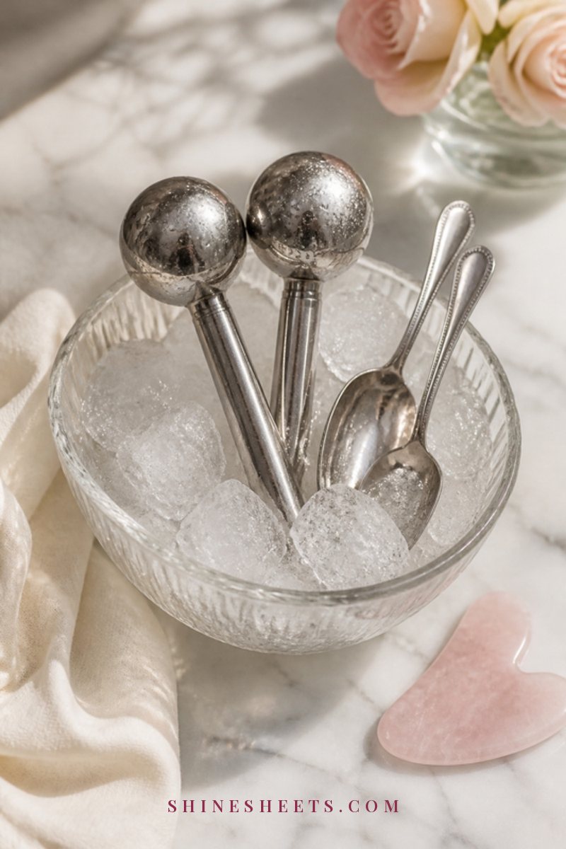 Two stainless steel cryo globes and two silver spoons chilling in a glass bowl of ice beside a rose quartz gua sha stone