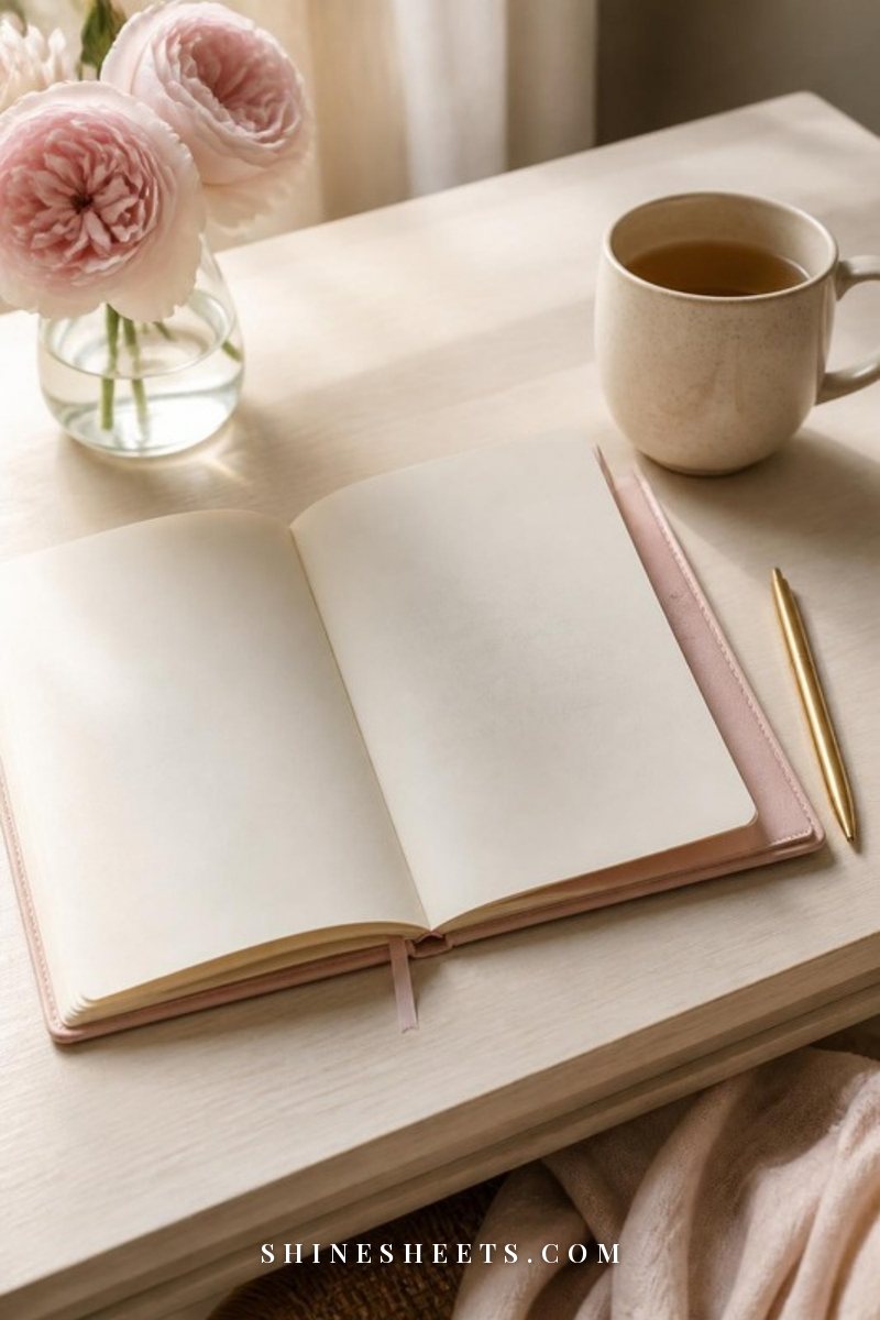 Blush planner open on a cream desk with a gold pen, a small vase of pale pink roses and a cup of tea