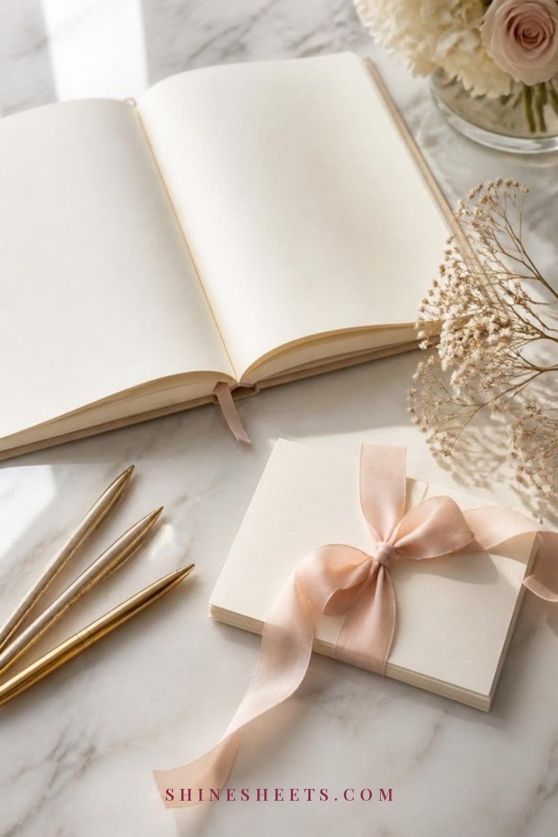 Cream linen hardcover journal open beside a small stack of blank thank-you cards and gold gel pens on a white desk