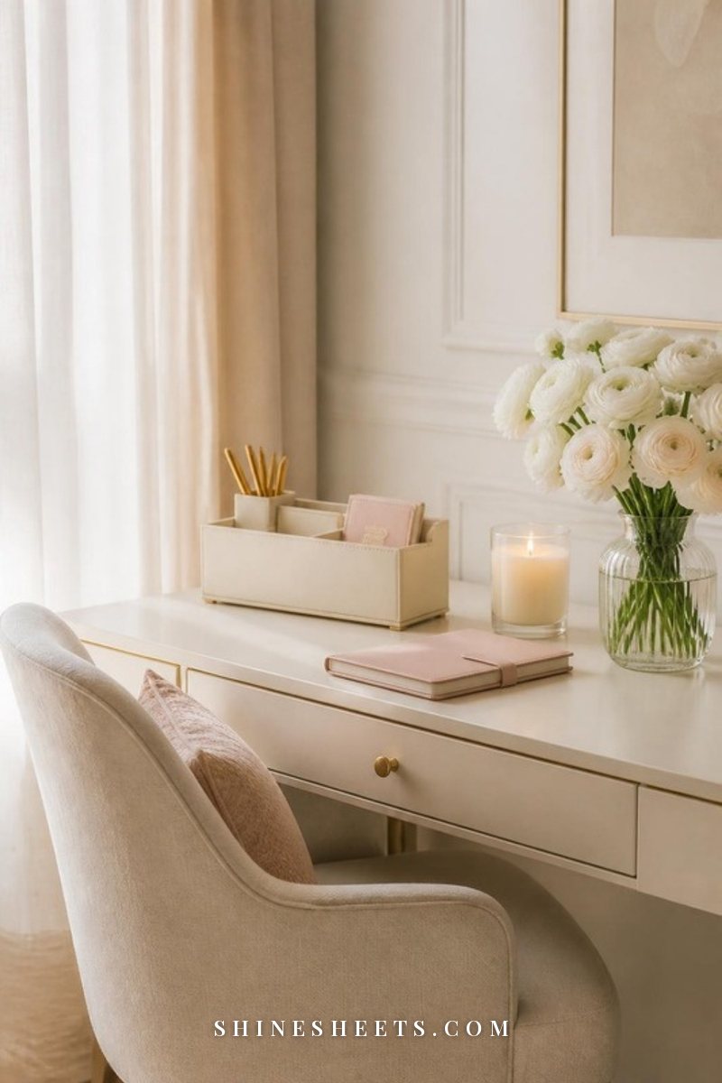 Elegant cream home desk with a desk organizer, a blush planner, a glass candle and a small bouquet of white flowers in morning light