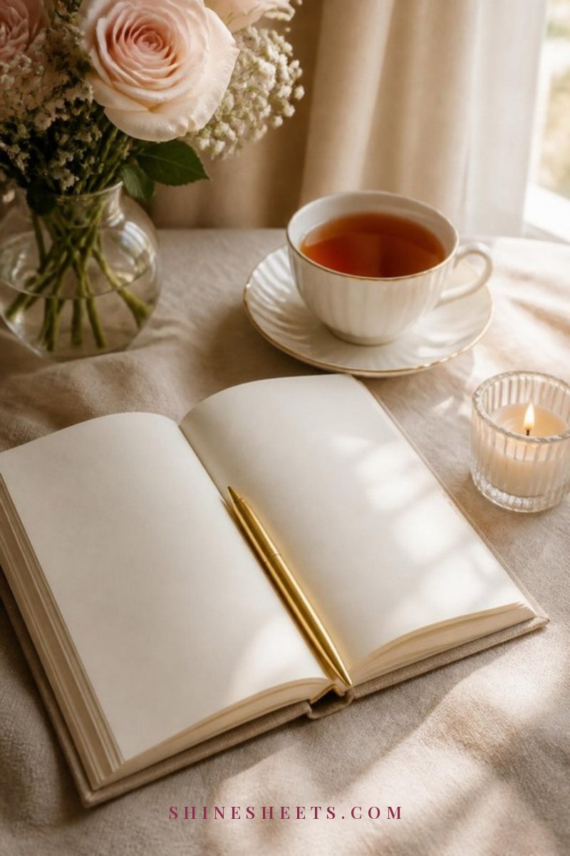 Open cream linen journal with a gold pen, a cup of tea and a glass candle on a beige linen tablecloth in soft light
