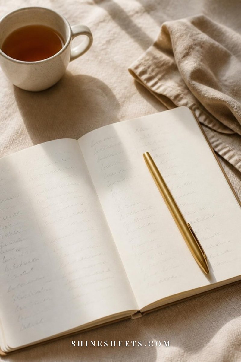 Open notebook with soft illegible handwriting in two columns, a gold pen and a mug of tea on a cream linen surface