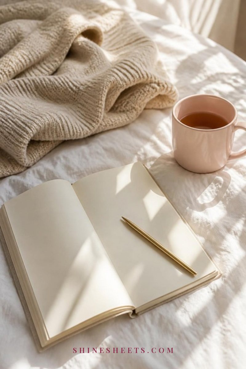 Open cream linen journal with a blank page, a gold pen and a blush ceramic mug of tea on a white linen bedspread in soft morning light