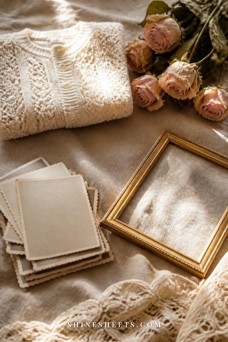 Small stack of soft-edged vintage photographs beside a folded child's cream knitted cardigan, a gold photo frame and dried flowers on a linen tablecloth