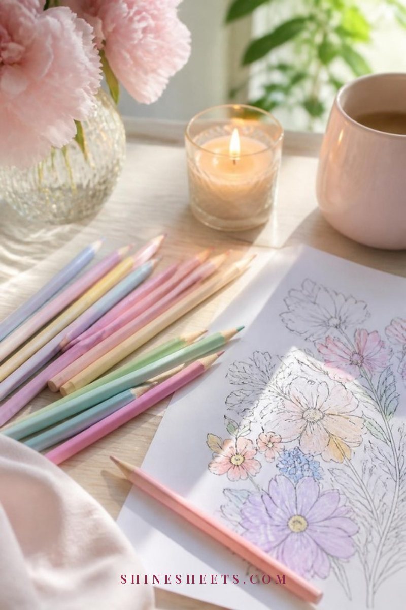 Soft pastel colored pencils spread beside a half-finished floral coloring page on a cream table with a glass candle and morning light