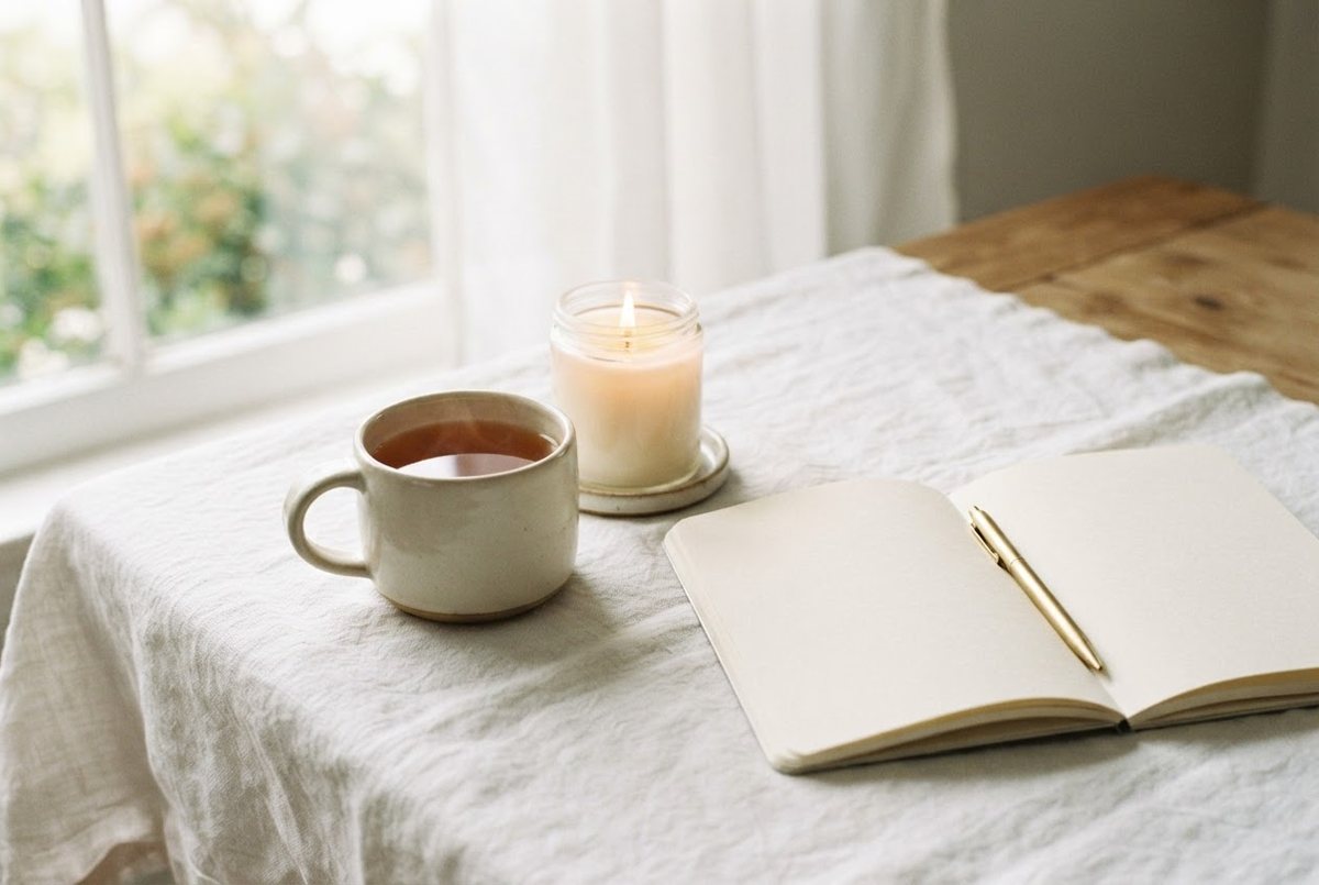 Cream ceramic mug of tea, a lit glass candle and an open blank notebook on a white linen tablecloth in soft morning light