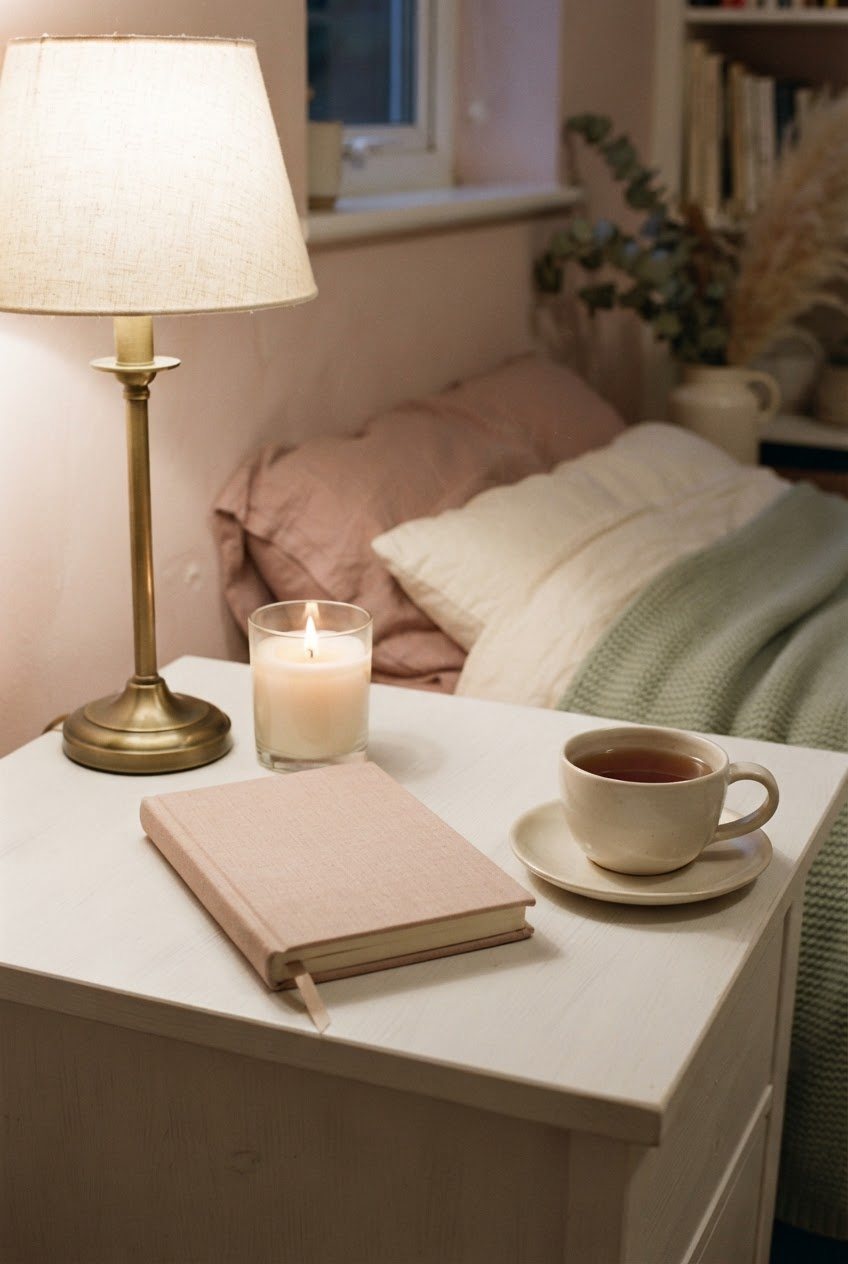 Glass candle, a cream ceramic teacup and a closed linen journal on a white bedside table in warm evening lamplight