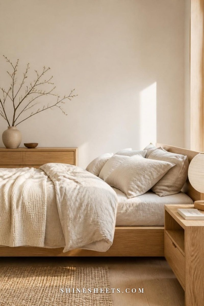 Japandi bedroom with a low oak platform bed, rumpled beige linen bedding, a paper table lamp and a single branch in a stoneware vase