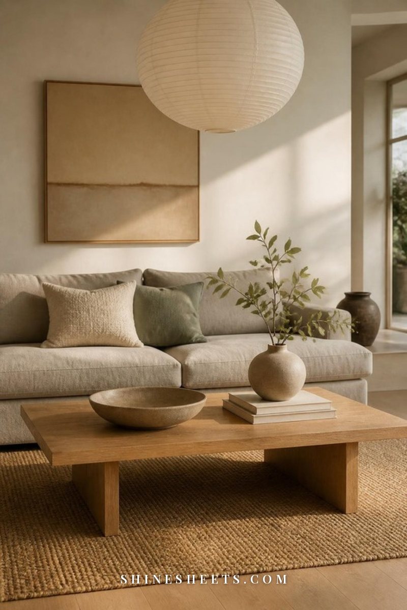 Japandi living room with a low greige sofa, a light oak coffee table holding a stoneware bowl, a beige jute rug and a paper pendant lamp