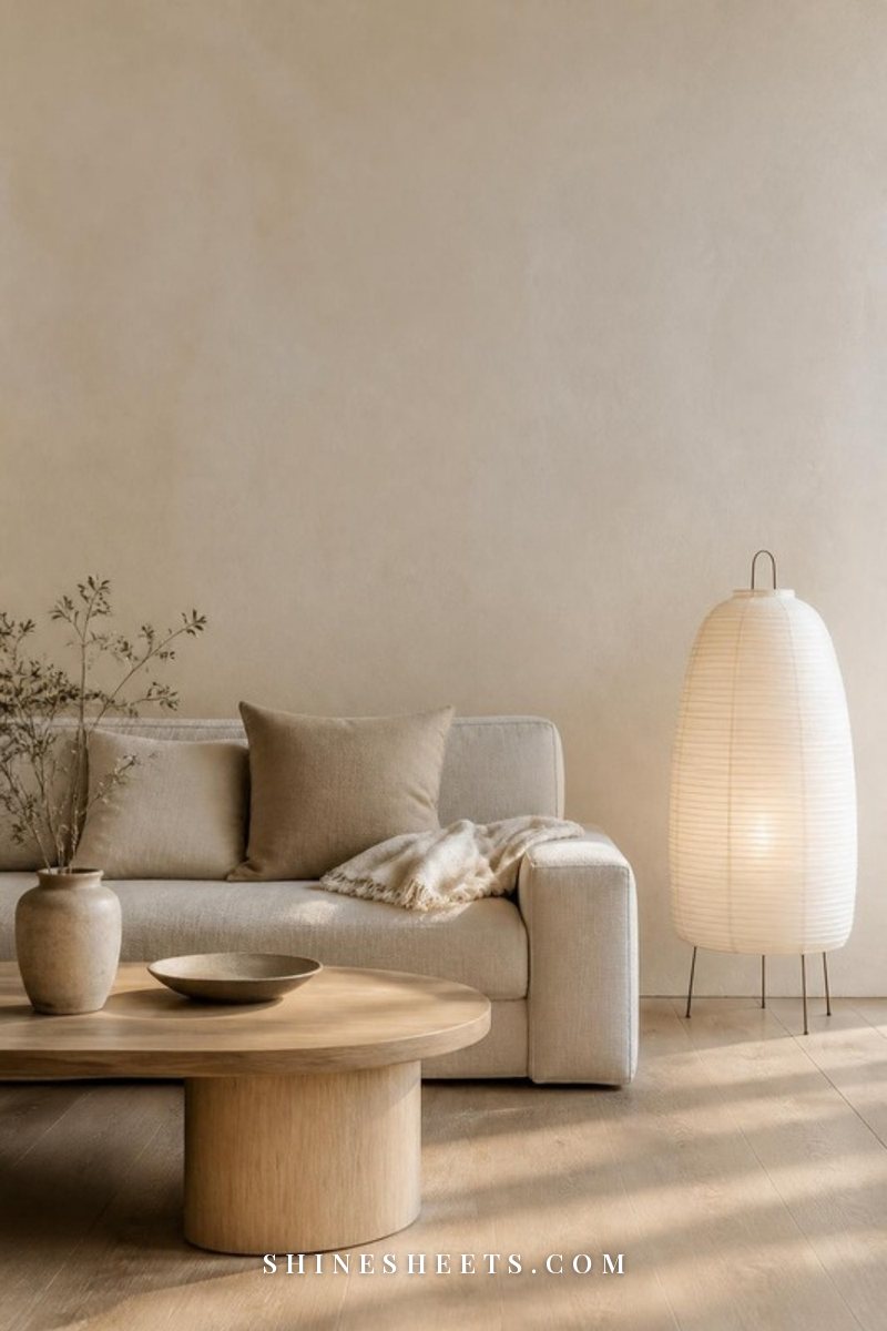 Japandi living room with a low light oak coffee table, a low beige linen sofa and a cream paper floor lamp