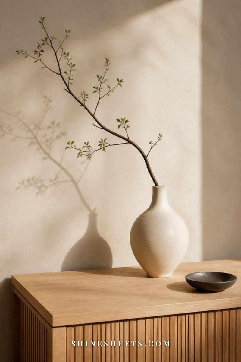 Single curved branch in a cream stoneware vase on a light oak console with plenty of empty space around it