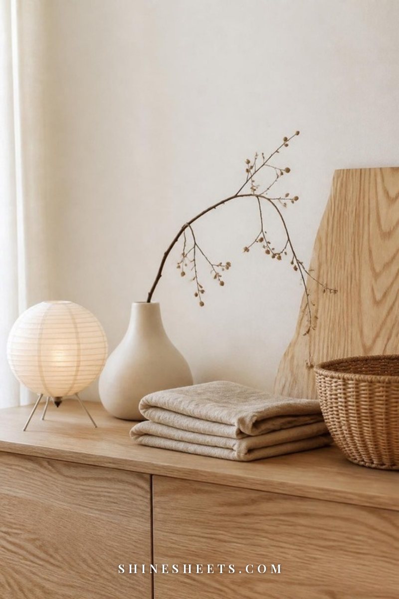 Still life of Japandi materials: a white paper lamp, a cream stoneware vase with a branch, folded beige linen, a rattan basket and a light oak board
