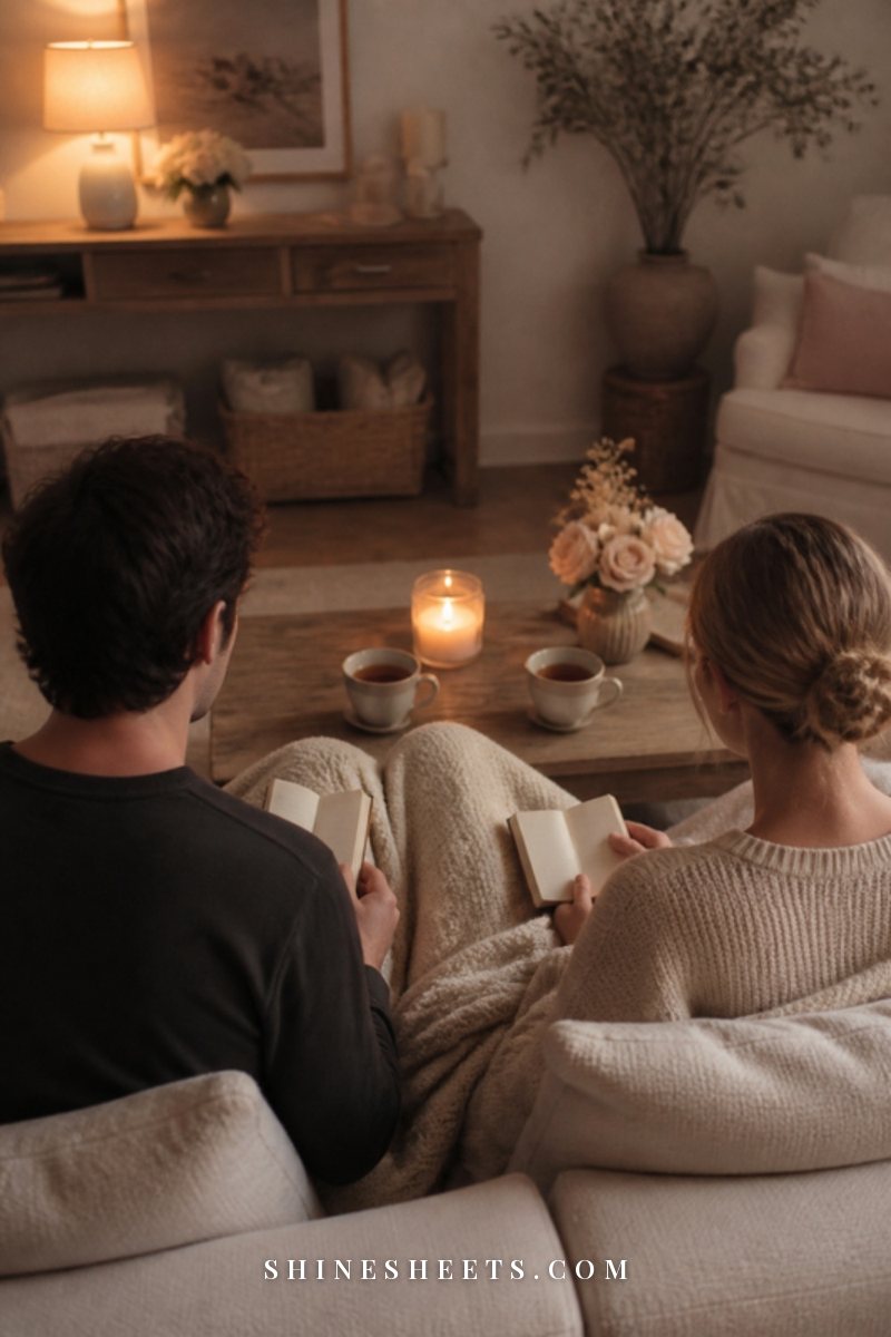 A couple seen from behind sitting on a sofa writing in separate notebooks