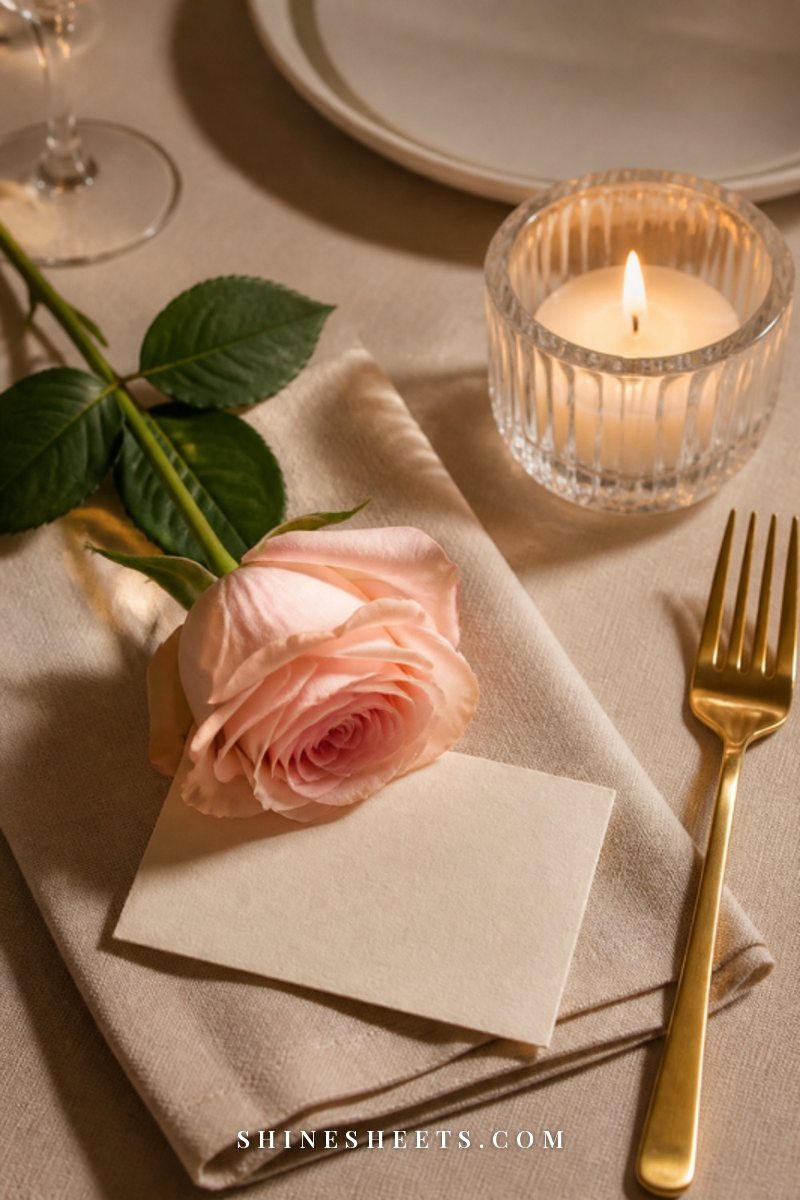 A folded blank note and a single blush rose on an open journal