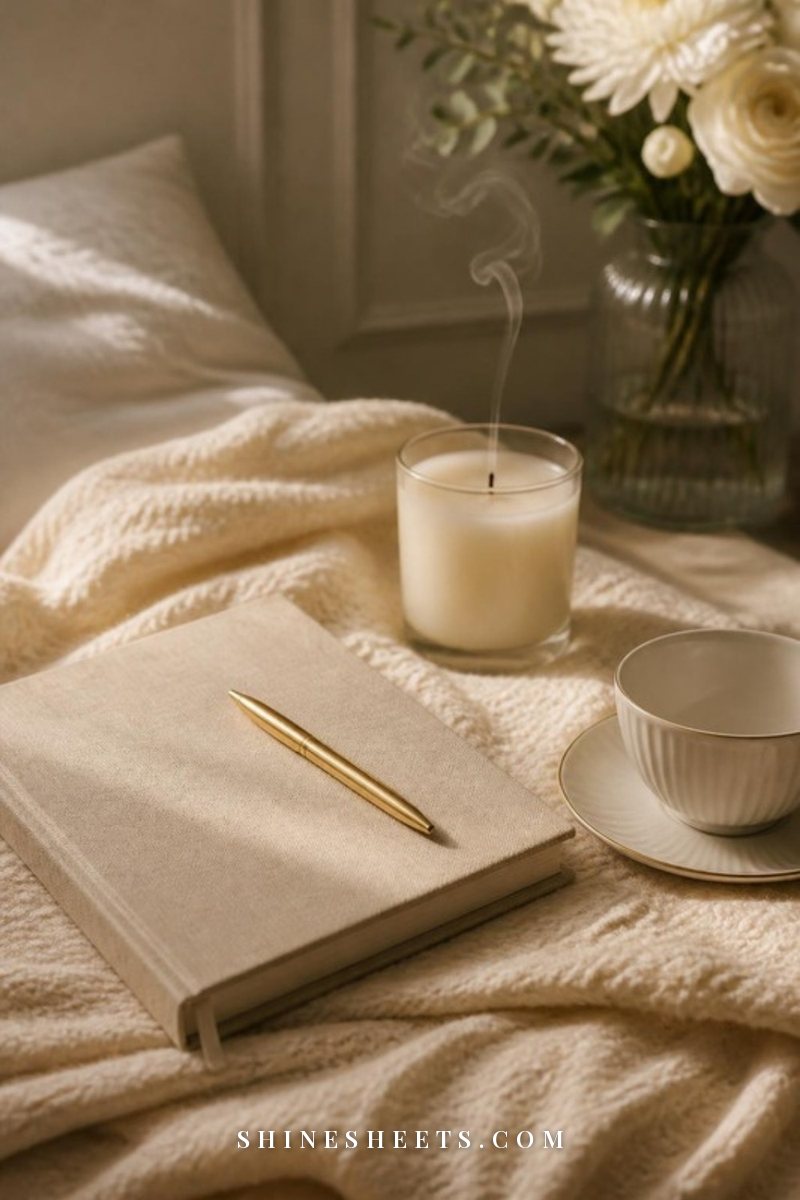 Closed linen journal with a gold pen on top, a softly smoking extinguished ivory candle and an empty teacup on a cream blanket