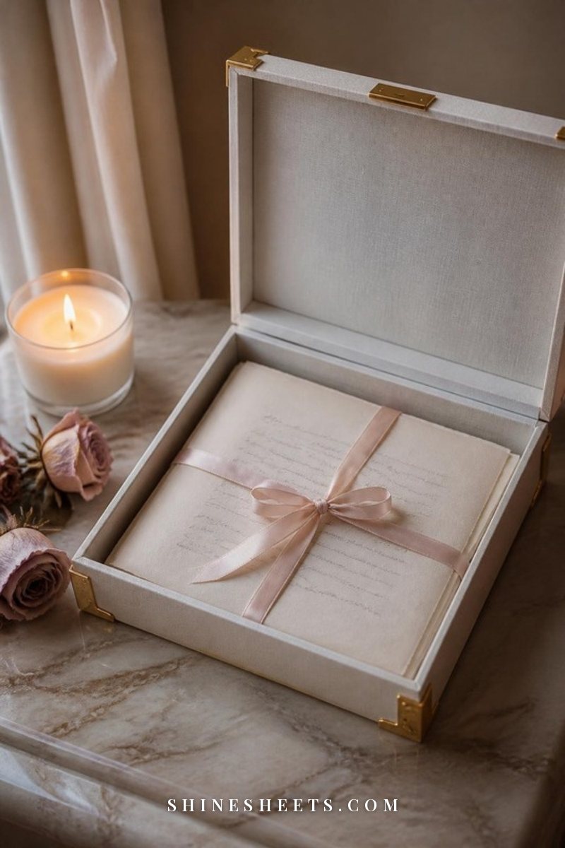 Folded handwritten letter tied with a blush silk ribbon resting in an open cream keepsake box beside a candle