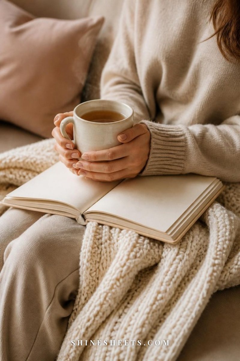 Hands holding a warm cup of tea over an open journal with a cream knit blanket draped nearby
