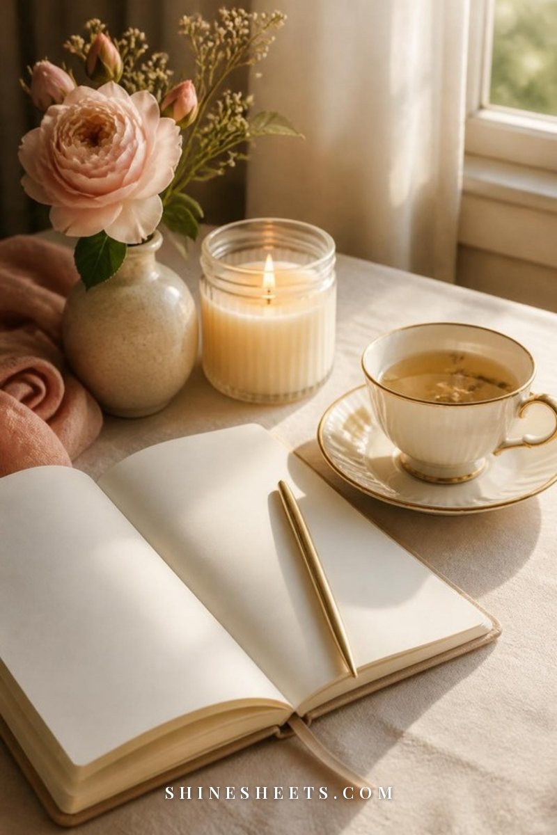 Open journal with a gold pen, a cup of herbal tea and a lit ivory candle on a cream linen tablecloth