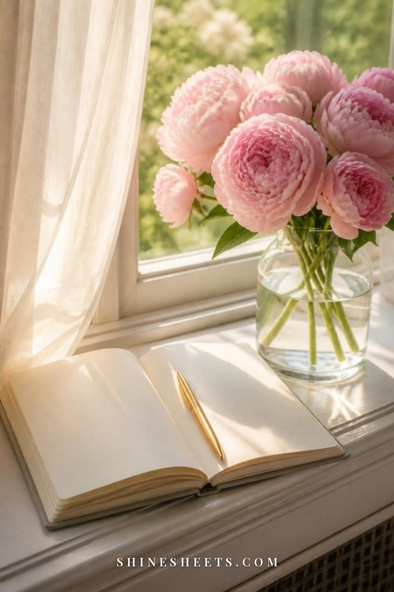 Open journal on a sunlit windowsill with a vase of blush peonies and a gold pen resting on the page