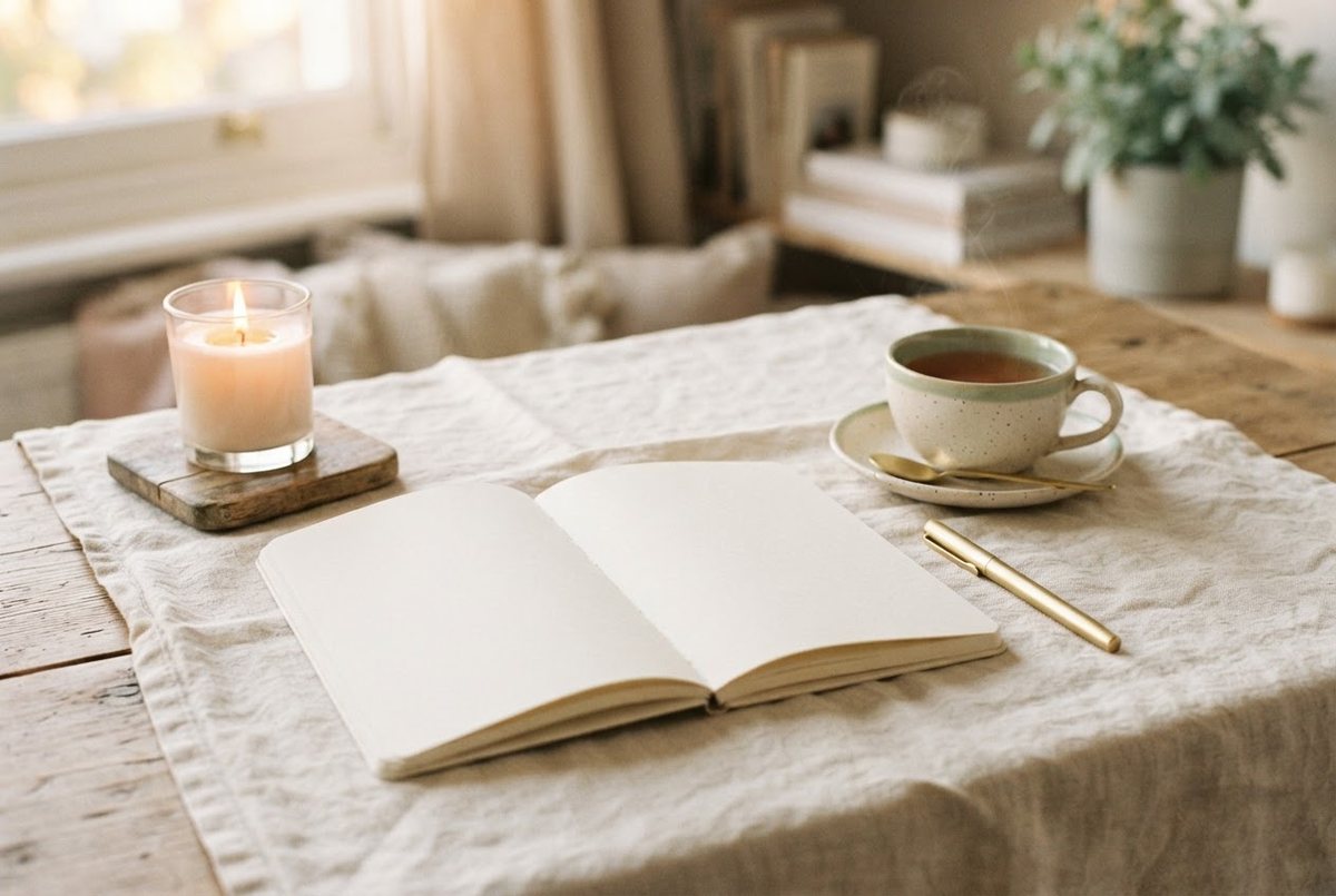 Open blank journal with a gold pen, a cup of tea and a glass candle on a cream linen tablecloth