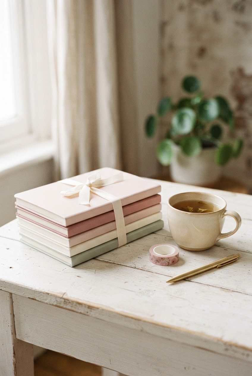 Stack of pastel journals with a cup of tea, a blush washi tape roll and a gold pen on a white wooden desk