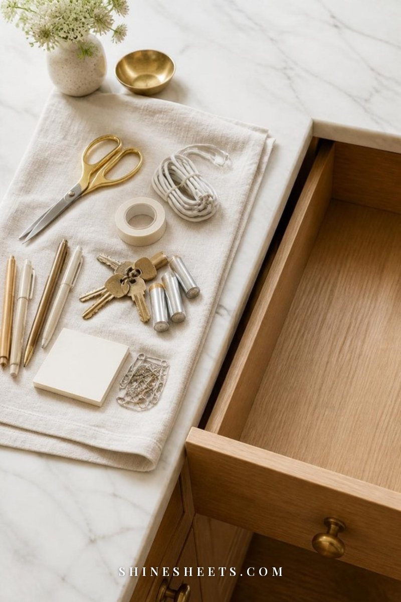Contents of a junk drawer spread out on a cream linen towel on a white marble counter, with the empty wooden drawer beside it