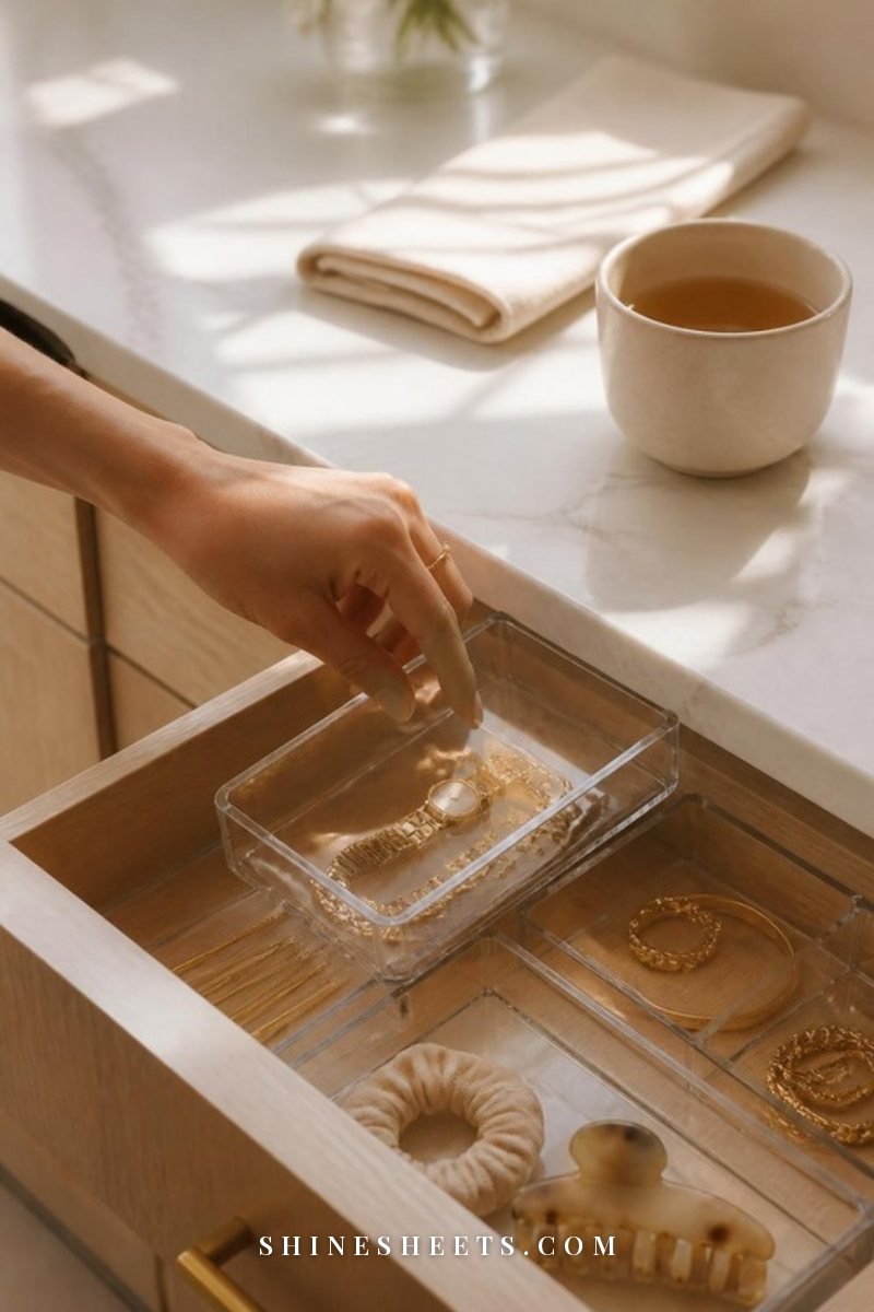 Hand lifting a small clear tray from a tidy organized drawer beside a cream cloth and a ceramic cup of tea on a white counter