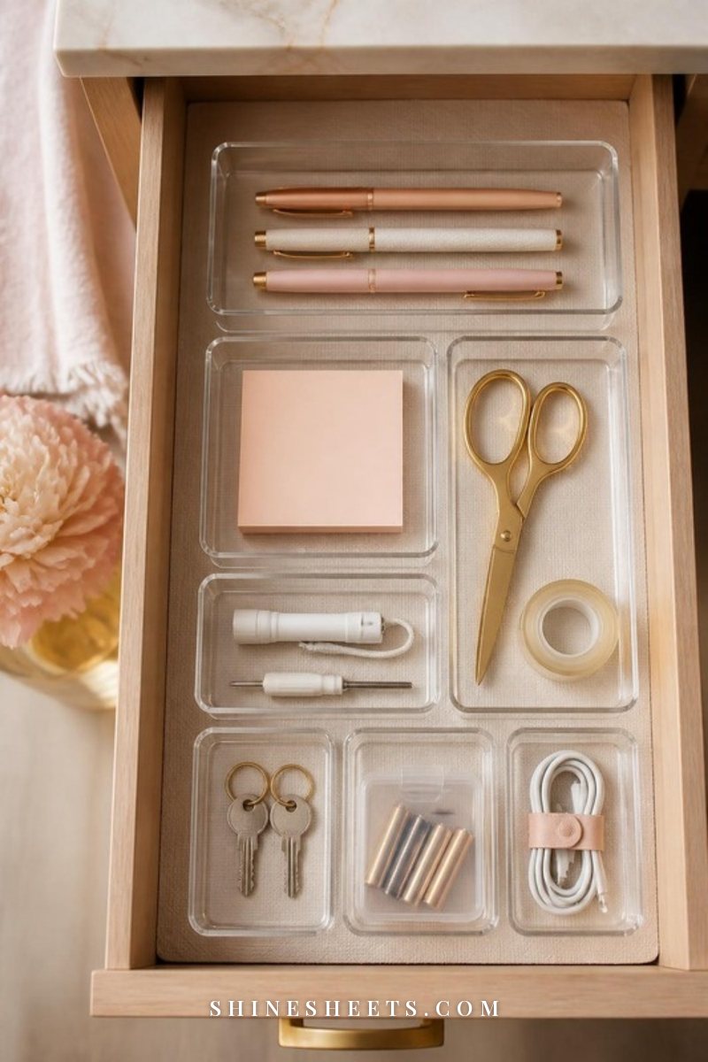Neatly organized junk drawer with scissors, tape, pens, sticky notes, a small flashlight, keys and coiled cords in clear trays