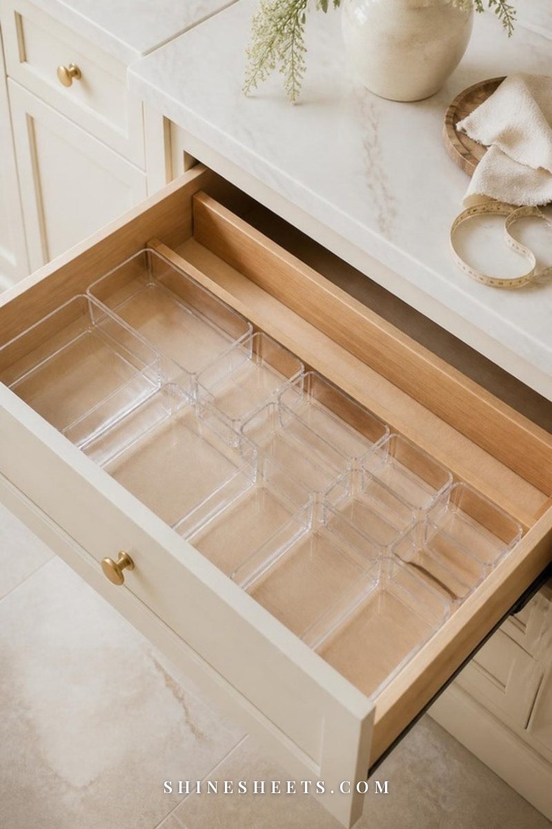 Open wooden drawer fitted with clear interlocking organizer trays and bamboo dividers in a neat grid, cream kitchen cabinet