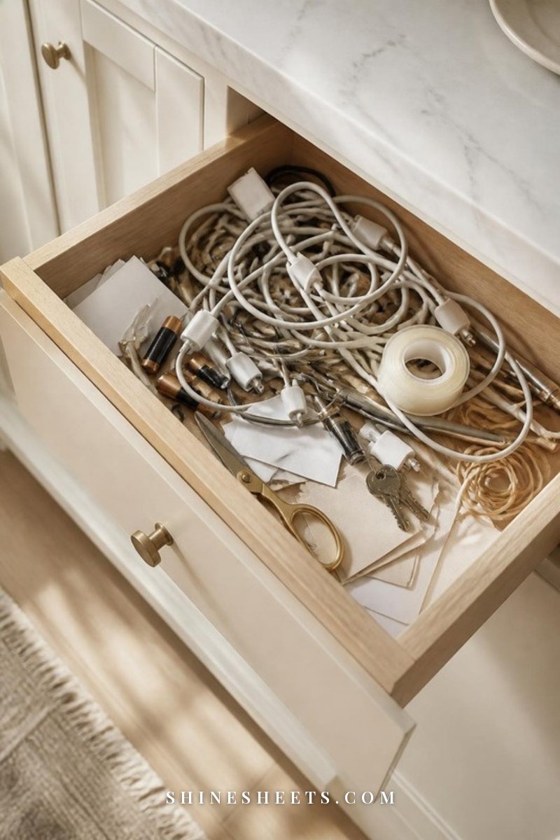 Overflowing kitchen junk drawer filled with tangled cords, loose batteries, pens, keys, tape and paper scraps in soft daylight