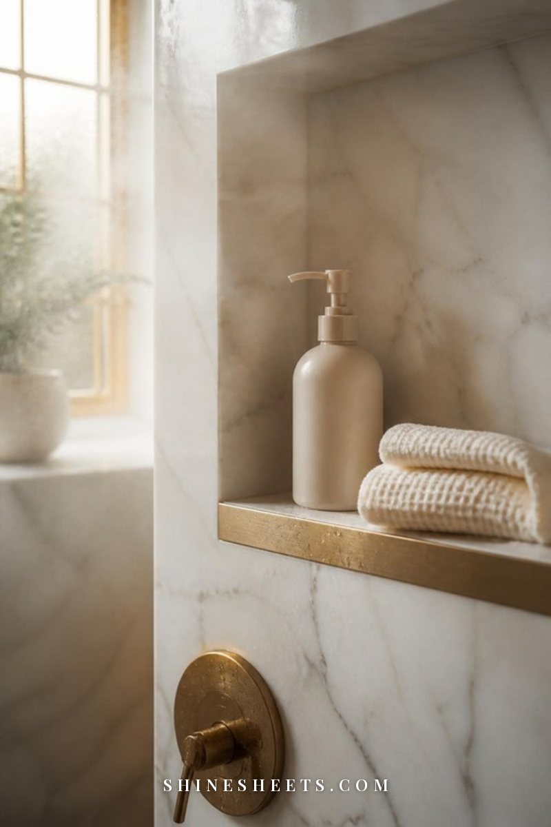Bright marble shower niche with a cream body wash bottle, a folded ivory towel and soft steam in gentle daylight