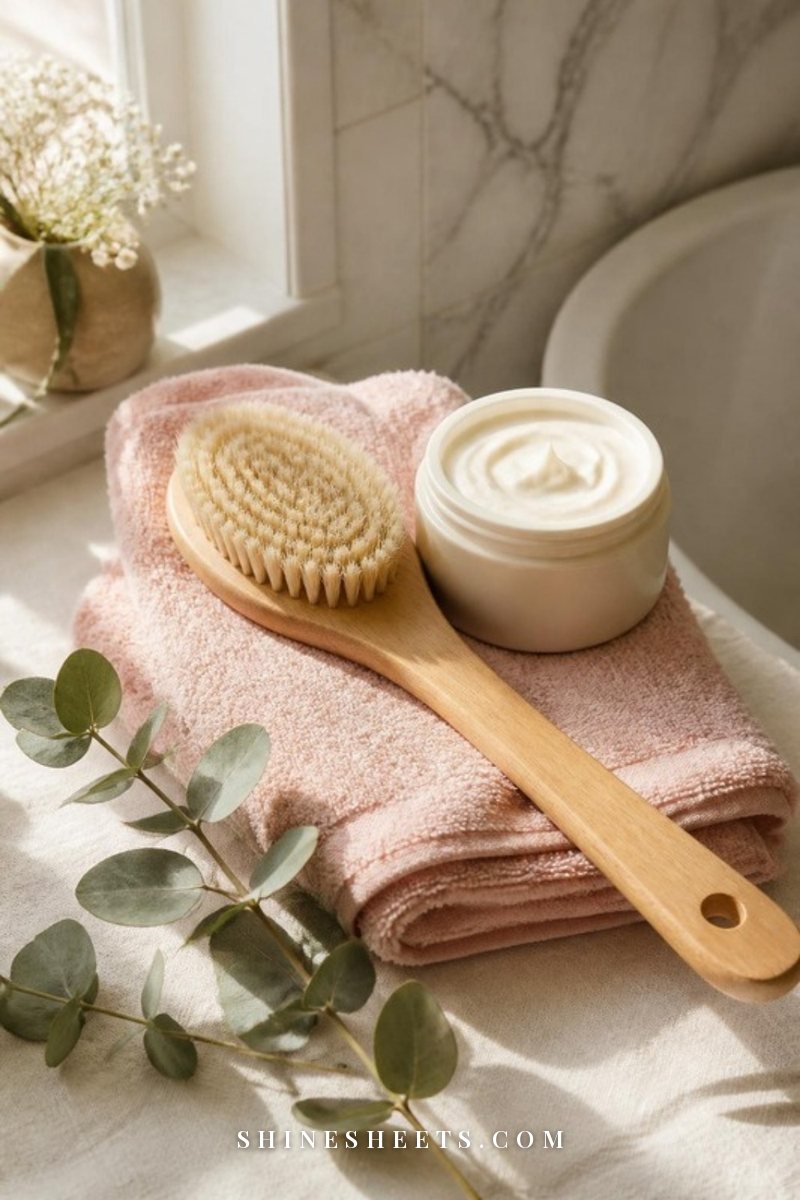 Soft-bristle body brush with a pale wooden handle resting on a blush cotton towel next to a cream body cream jar
