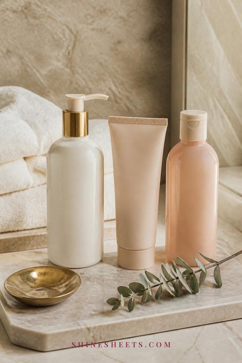 Three cream and white body care bottles lined up on a beige marble bathroom tray with a small gold dish and eucalyptus