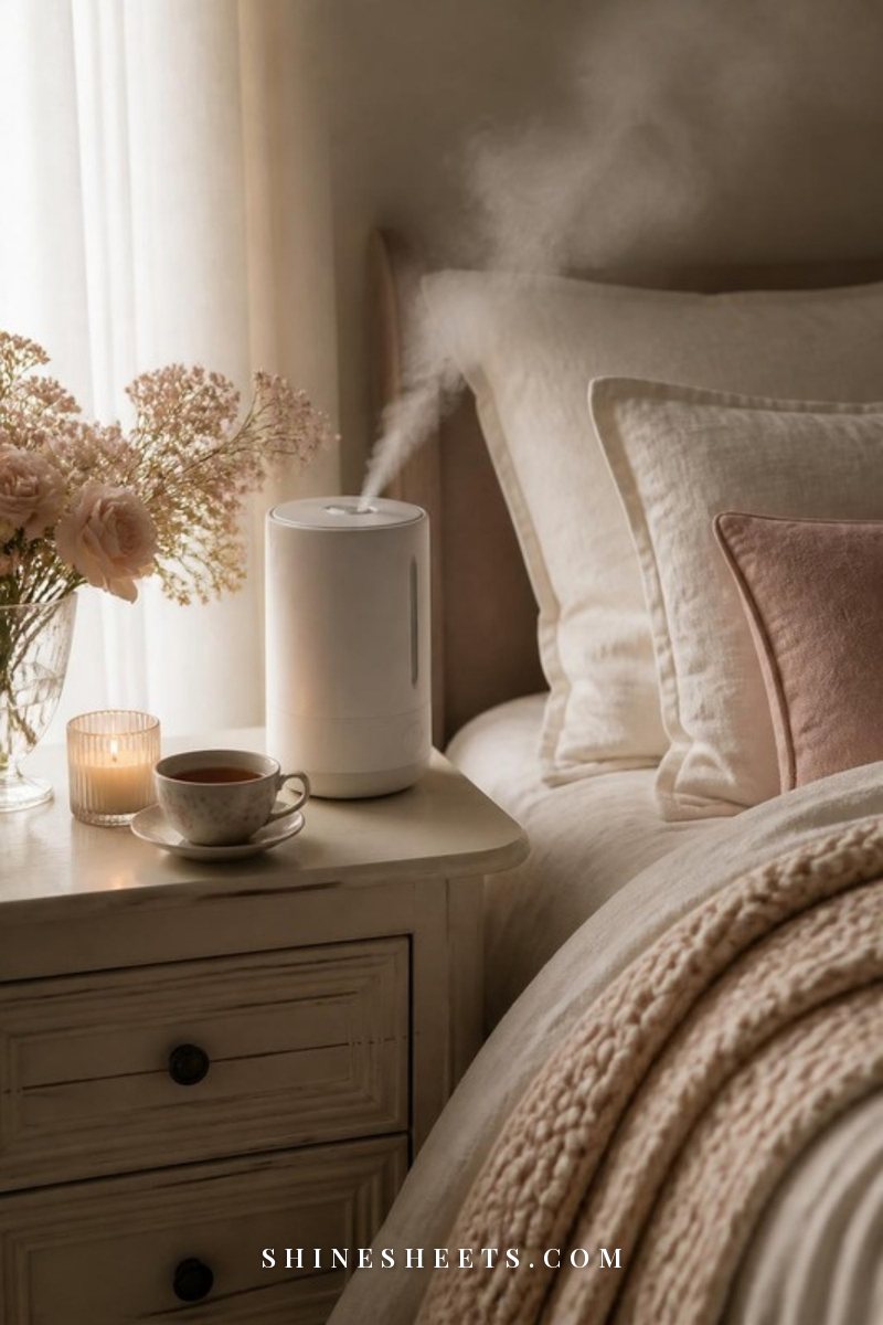 White cool-mist humidifier on a cream nightstand beside a linen-covered bed with a soft beige throw in morning light