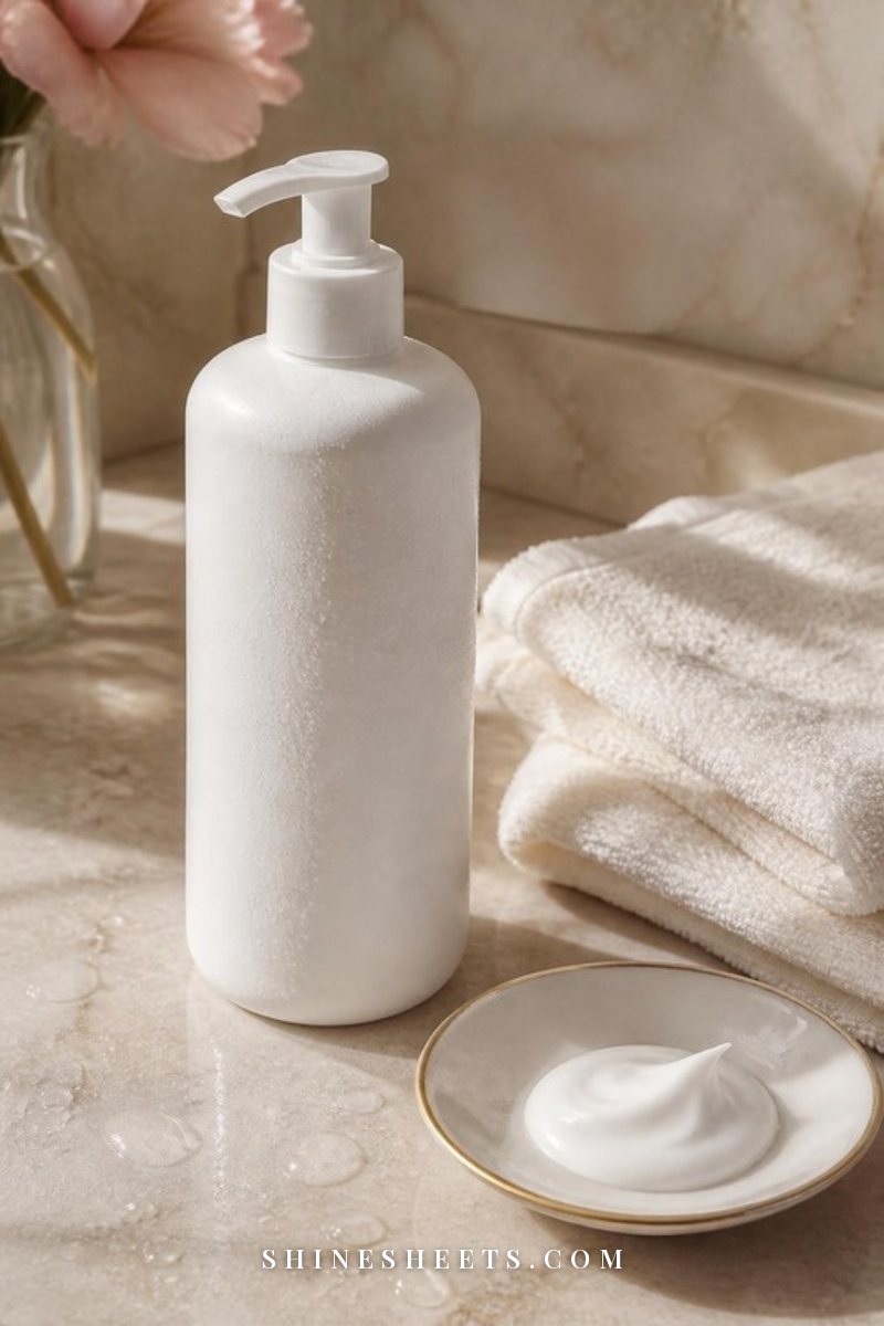 White pump bottle of body lotion beside a damp folded cream towel on a beige marble counter with water droplets