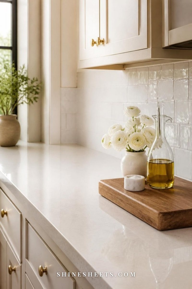 Clear cream kitchen counter with a wooden board holding olive oil, salt cellar and a small vase of white flowers grouped in one corner
