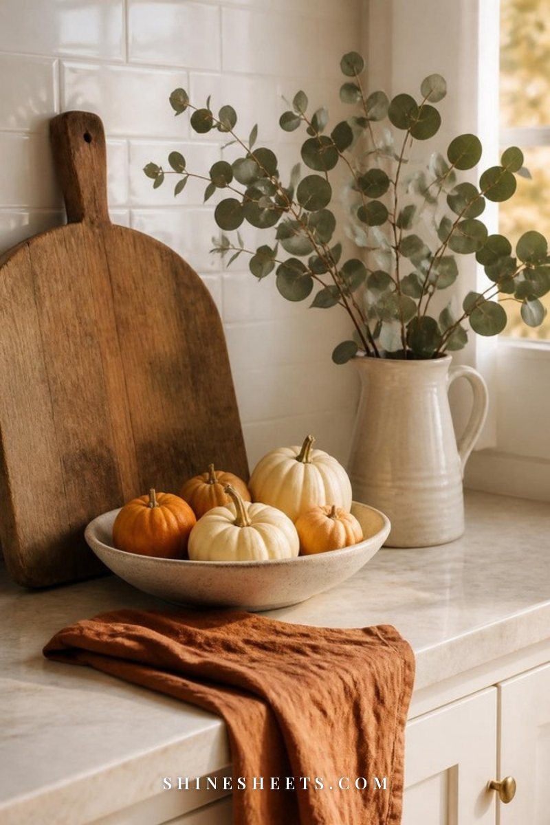 Kitchen counter corner styled for autumn with a wooden board, a bowl of small pumpkins, eucalyptus in a cream jug and a rust linen tea towel