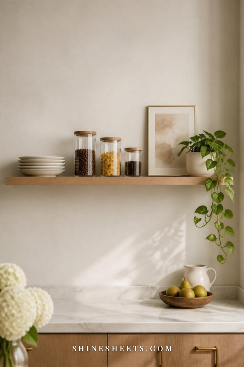Open wooden kitchen shelf styled with stacked cream plates, glass canisters with wooden lids, a small framed print and a trailing plant