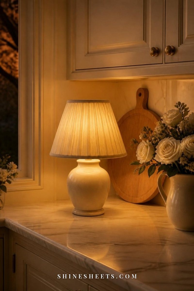 Small cream ceramic table lamp with a linen shade glowing warmly on a kitchen counter corner beside a wooden board and a jug of white flowers